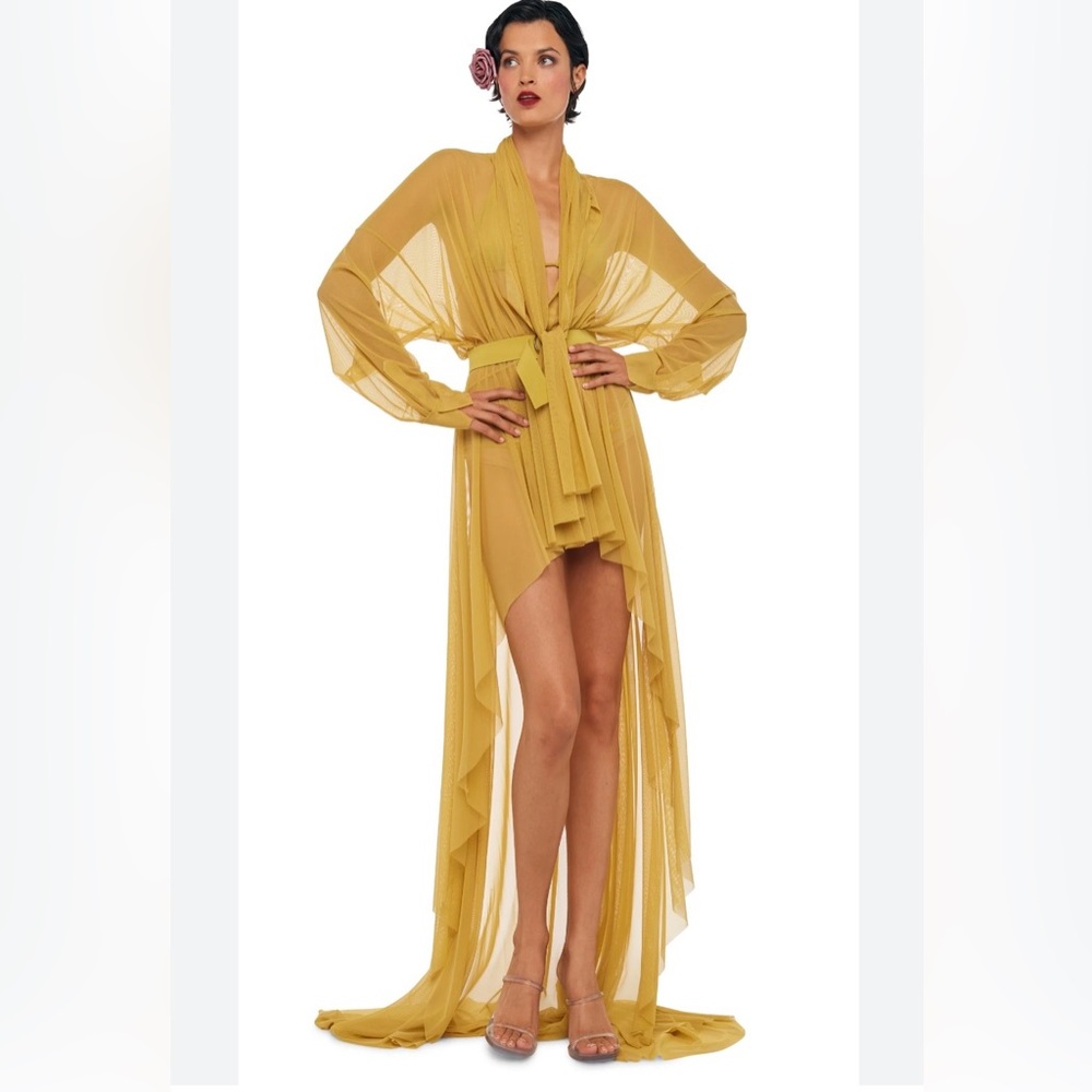 NORMA KAMALI Hi lo dress with train. Long sleeved and semi sheer. Size XXS